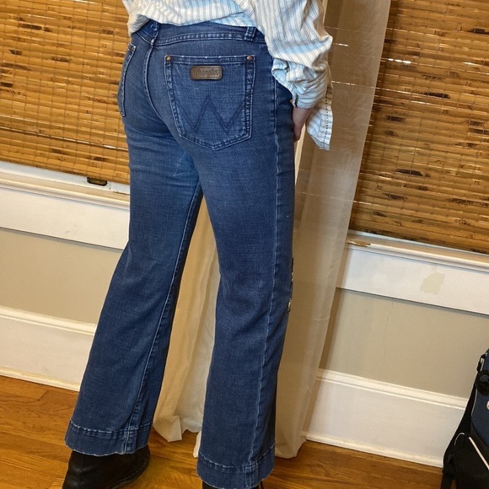 Wrangler Upcycled Jeans Flannel Patchwork Dungare… - image 1